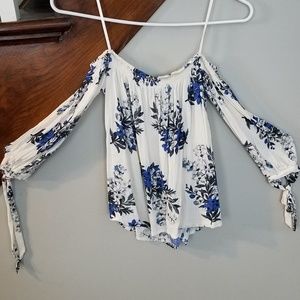 Strapless flowy cream with black & blue floral XS